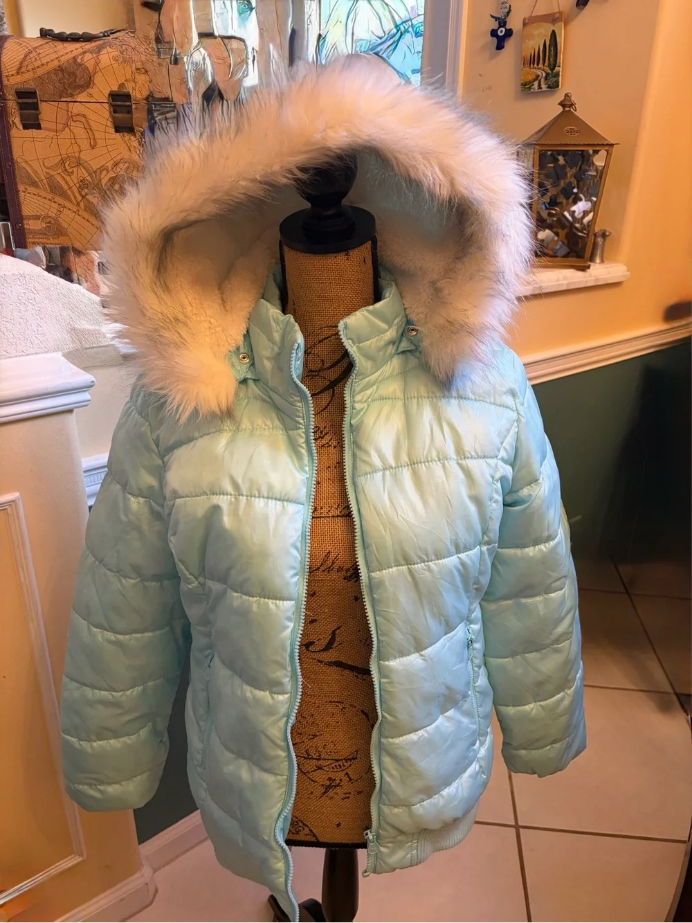Girls' light teal  Blue Puffer Coat with Faux Fur Hood